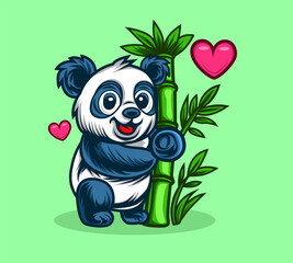 Cute Panda Hugging Bamboo with Hearts