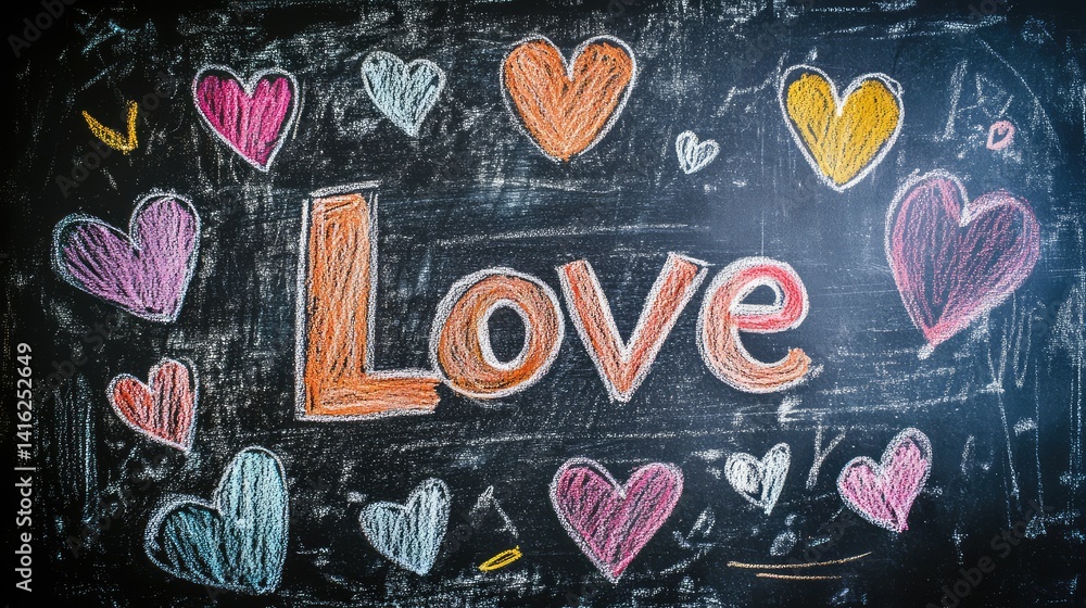 Poster bright and colorful chalk art on black chalkboard with the word 'love' surrounded by heart shapes in