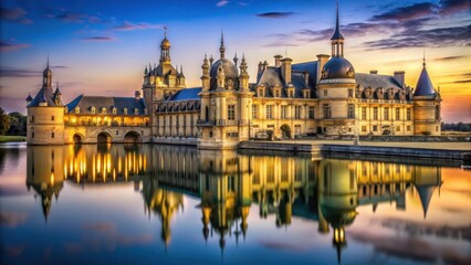 Fototapeta premium Chateau de Chantilly at dusk with grand towers and Gothic architecture, gothic, chateaux, gothic, chateaux, grand