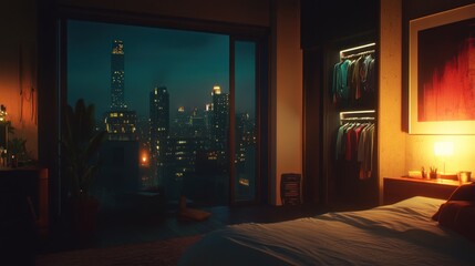 Urban cityscape view from a cozy, futuristic bedroom.