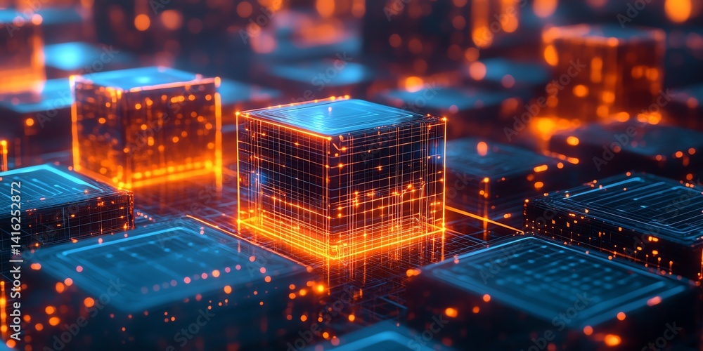 Poster visual representation of glowing blocks in an abstract digital landscape at nighttime