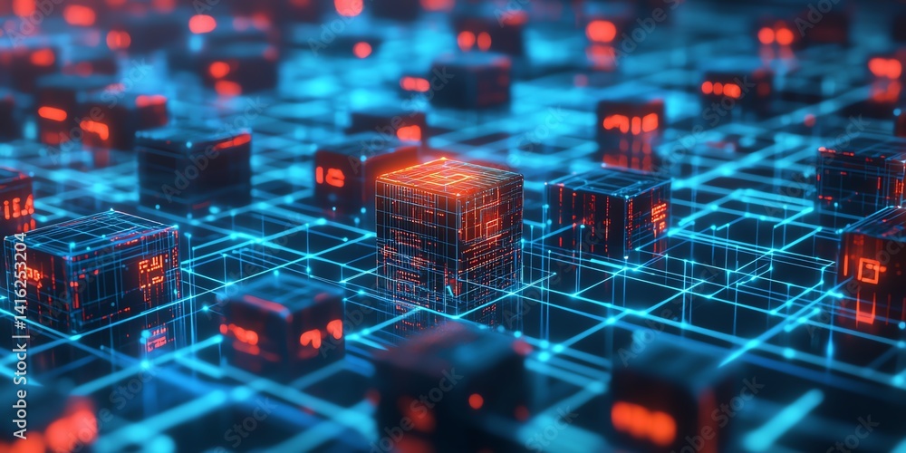 Poster digital cubes illuminated on a network of glowing lines in a futuristic setting during nighttime