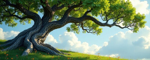 Twisted tree with curved branches and foliage , nature, autumn