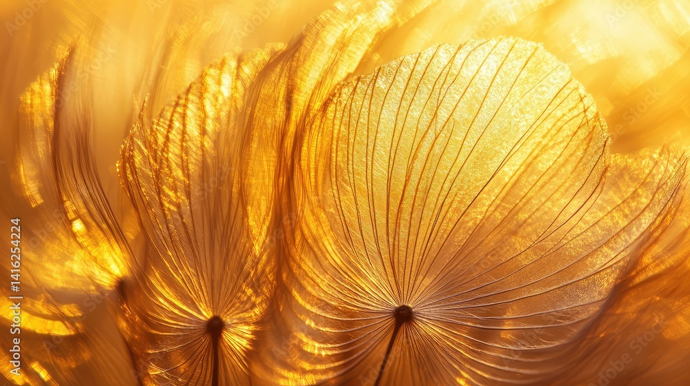 Poster close-up of delicate dry seed pods illuminated by warm golden light, creating an ethereal glow and t
