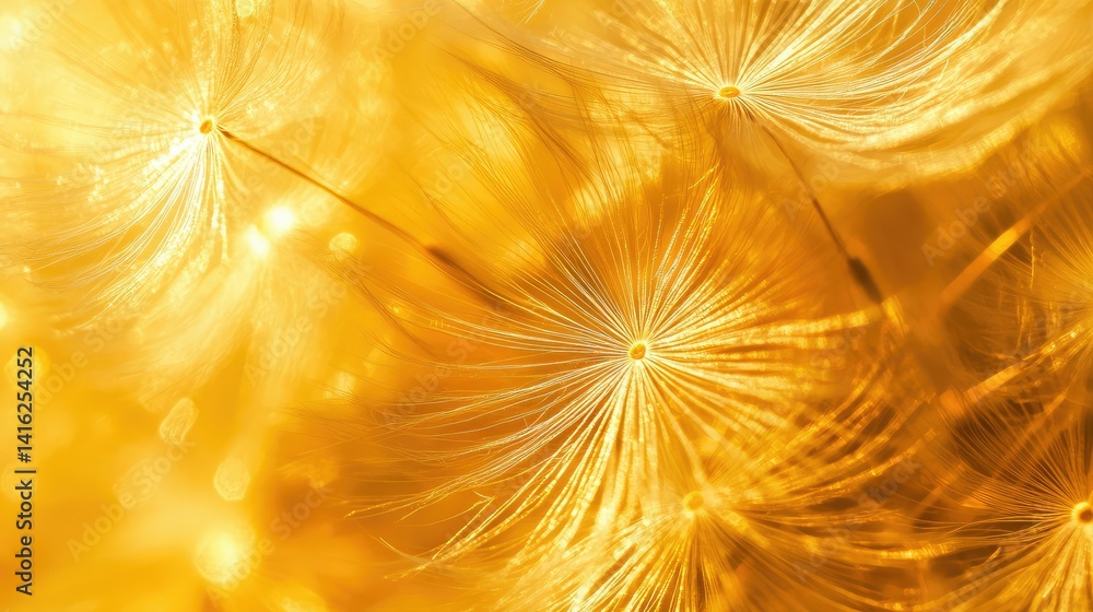 Poster close-up of delicate golden dandelion seeds sparkling in sunlight, creating an ethereal and dreamy a