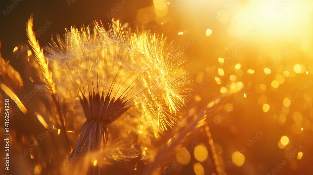 Poster glowing dandelion seeds catching warm sunlight at dusk with sparkling bokeh background for tranquil 