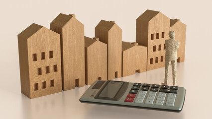 The Man and wood house for property or real estate concept 3d Rendering.