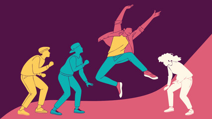 vector illustration silhouettes of expressive dance colorful group of people dancing. Jazz funk, hip-hop, house dance. Dancer man jumping on dark purple-pink  background. 