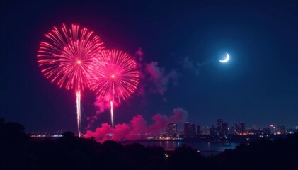 Vibrant fireworks bursting into the air with silhouetted cityscape and moonlight, nighttime, firework
