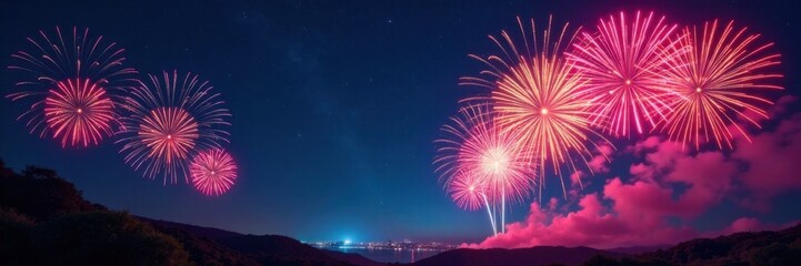 Vibrant fireworks exploding in the night sky with colorful bursts of light and patterns, burst, explosions