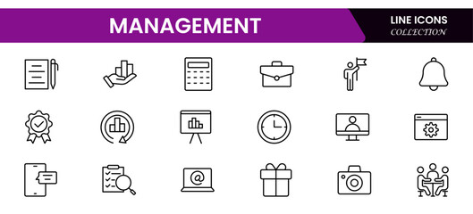 Management set of web icons in line style. Business or organisation management icons for web and mobile app. Time management, planning, project, startup, marketing. Vector illustration