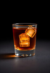 glass of whiskey with ice cubes in it