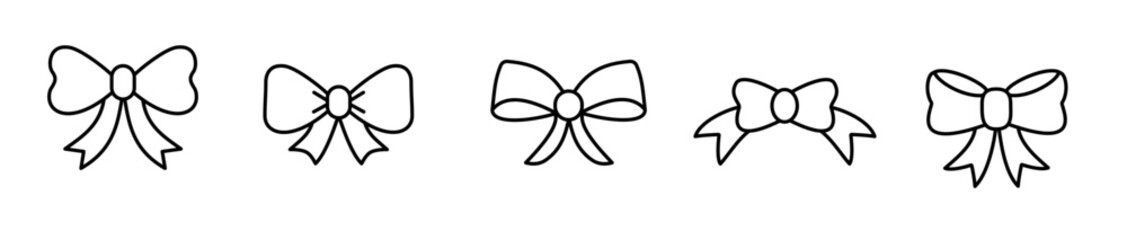ribbon bow decorative. Continuous Line Gift Ribbon Bows Set. Ribbon bow with knot for gift and hair. Vector icons and doodle black silhouette. Hand drawn flat design for birthday