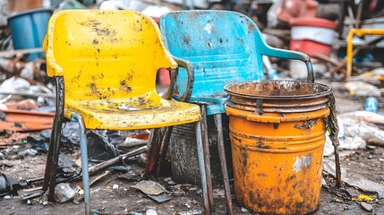 Dirty chairs and bucket in junkyard