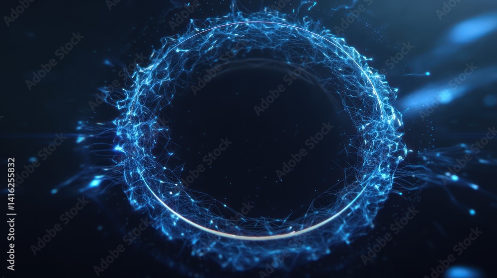 Poster a stunning abstract digital representation of swirling blue particles creating a dynamic circular pa