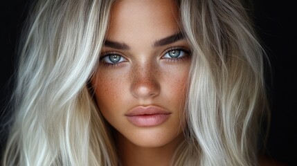 Naklejka premium Close-up portrait of a woman with blonde hair, beautiful eyes, and natural makeup