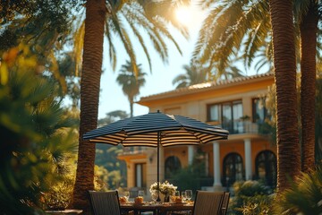 Fototapeta premium Black and white striped umbrella over outdoor dining table with clean-lined chairs, tropical balcony, and palm trees.