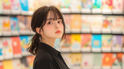Young Woman in Bookstore, Portrait of a young woman in a bookstore.