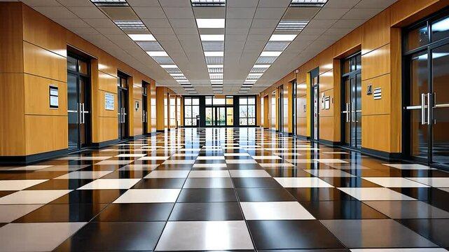 Long school hallway, checkered floor, wooden panels, doors, and bright lighting