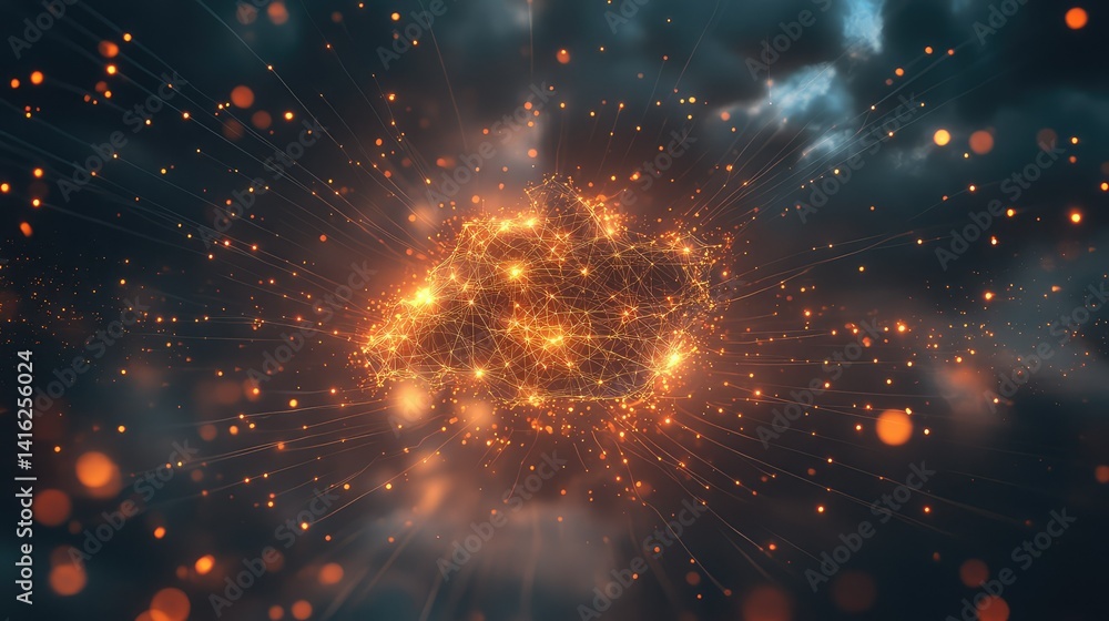 Poster a stunning digital representation of a cloud formed by a network of sparkling particles set against 