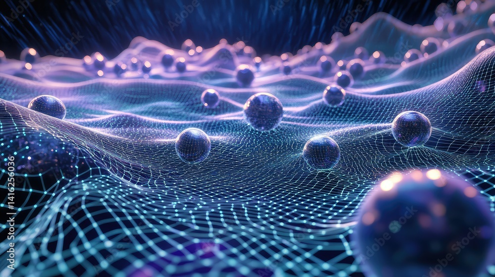 Aufkleber ethereal digital landscape with glowing spheres and flowing grids representing data connectivity and