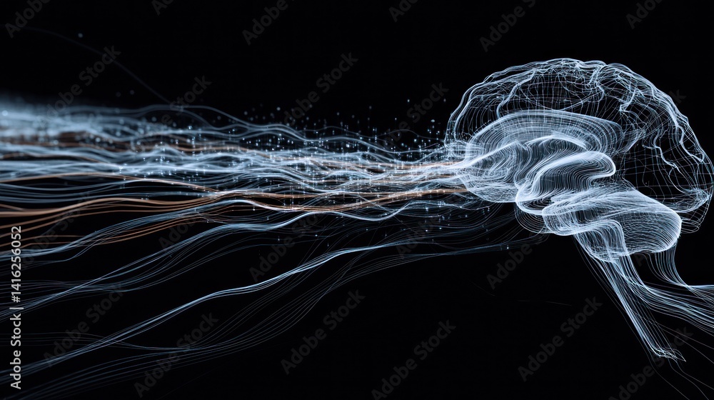 Poster a stunning visual representation of a brain emitting flowing energy streams against a dark backdrop,