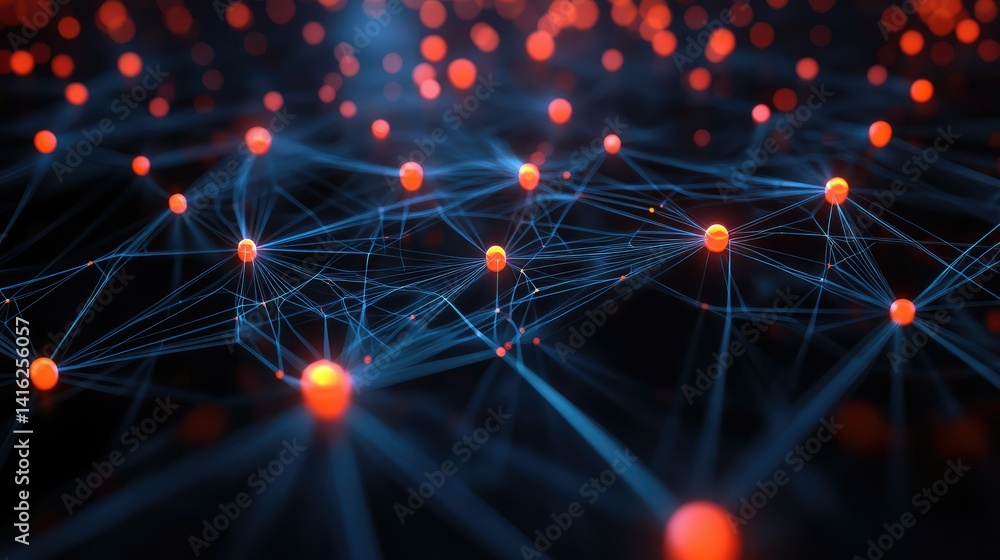 Poster abstract representation of digital connections and networks with glowing orbs, illustrating concepts