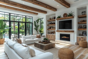 Fototapeta premium Bright and airy living room with fireplace, built-in shelves, TV stand, neutral color palette, and sliding glass door leading to patio.