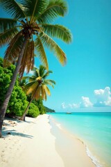 Obraz premium Vintage style photography of palm tree-lined beach with turquoise waters and white sandy shore, sand, tropical