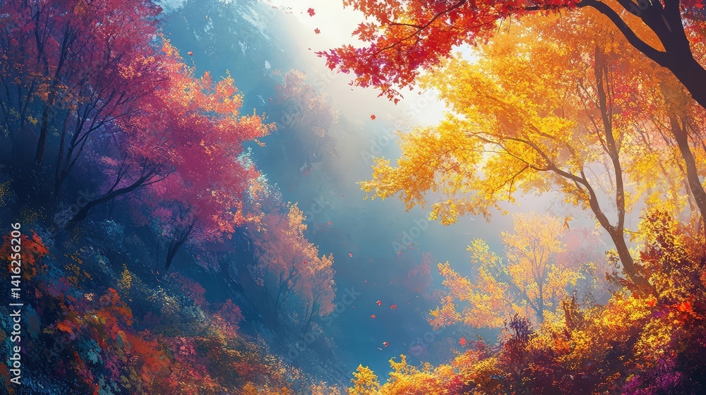 Aufkleber vibrant autumn forest scene with colorful trees and soft sunlight creating a magical atmosphere in a