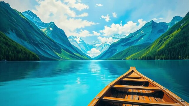Wooden Boat on Turquoise Lake with Mountain Village View