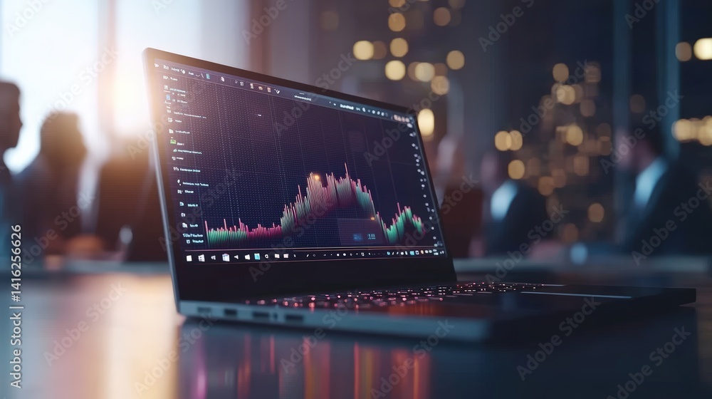 Poster dynamic stock market graph on laptop display in a reflective surface, colleagues in background withi
