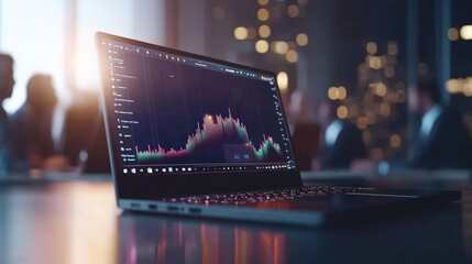 Dynamic stock market graph on laptop display in a reflective surface, colleagues in background within a blurred, dimly lit office environment setting