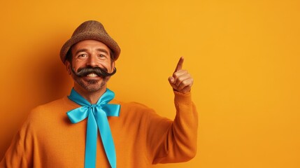 A cheerful man with a large handlebar mustache in an orange sweater and teal bow tie points upward against a vibrant yellow background vividly joyful