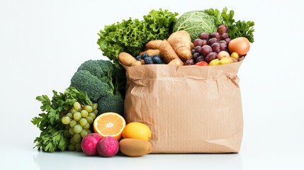 A brown paper bag filled with fresh produce including leafy greens, broccoli, grapes, oranges, kiwi, radishes, onion, blueberries, and croissants