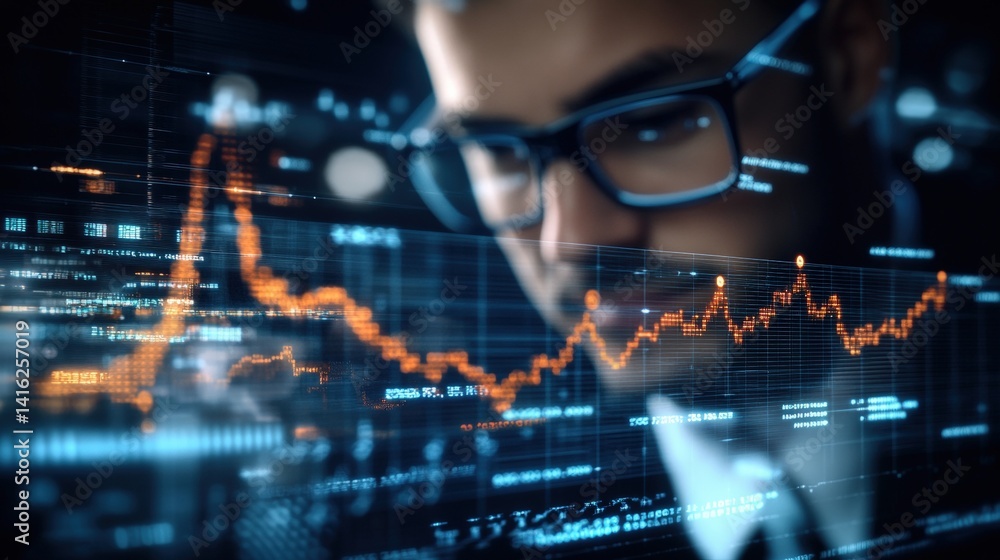 Poster close-up of a focused individual wea glasses analyzing dynamic stock market graphs and data on a dig