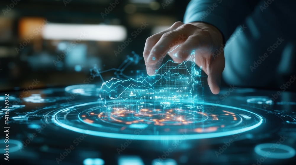 Poster a hand interacts with a holographic projection of dynamic financial data on a touchscreen interface 