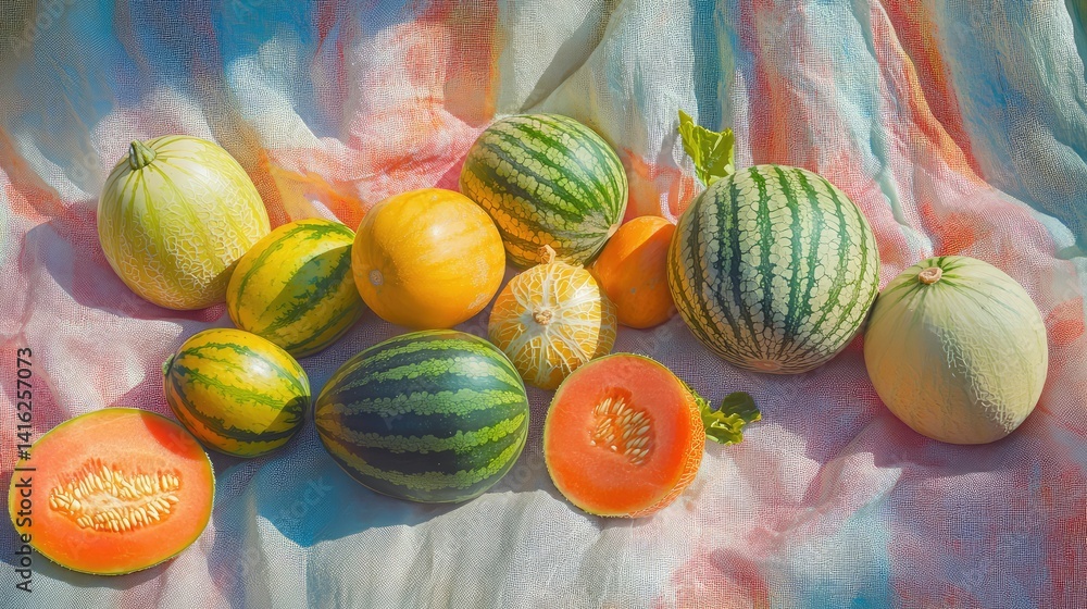 Poster a colorful array of melons and fruits displayed on a textured background, showcasing a variety of sh