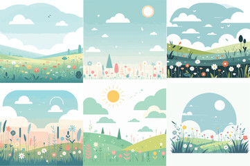Naklejka premium Blooming Meadow and Field Landscape Illustrations with Sky