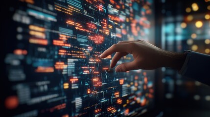 Fototapeta premium A hand reaching out to touch a large screen displaying complex streaming data and code in vibrant orange, blue, and white on a dark background