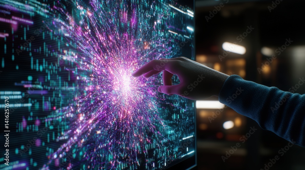 Poster a hand reaching out to interact with a vibrant digital display filled with swirling data streams and