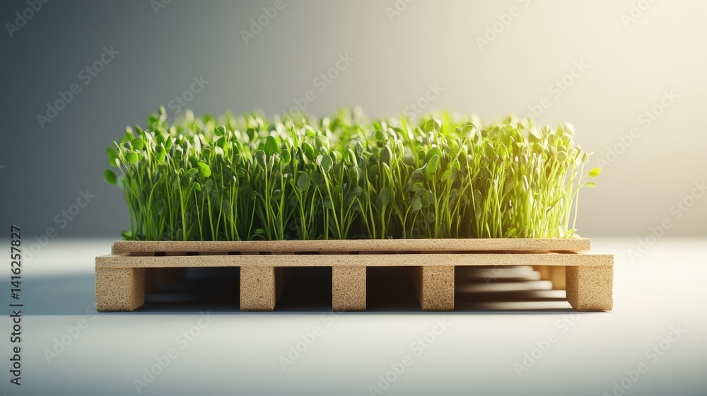 Poster a vibrant miniature pallet displaying lush green clover sprouts illuminated by warm light set agains