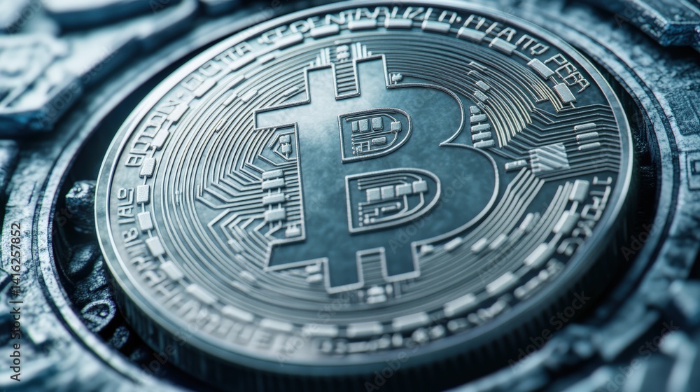 Aufkleber close-up view of a detailed metallic bitcoin coin set within a circular technological frame showcasi