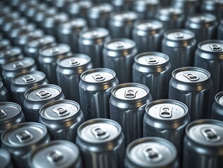 High-resolution close-up image of numerous metallic beverage cans arranged in uniform rows, showcasing industrial production and mass packaging of drink containers

