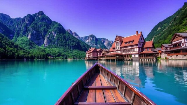 Wooden Boat on Turquoise Lake with Mountain Village View