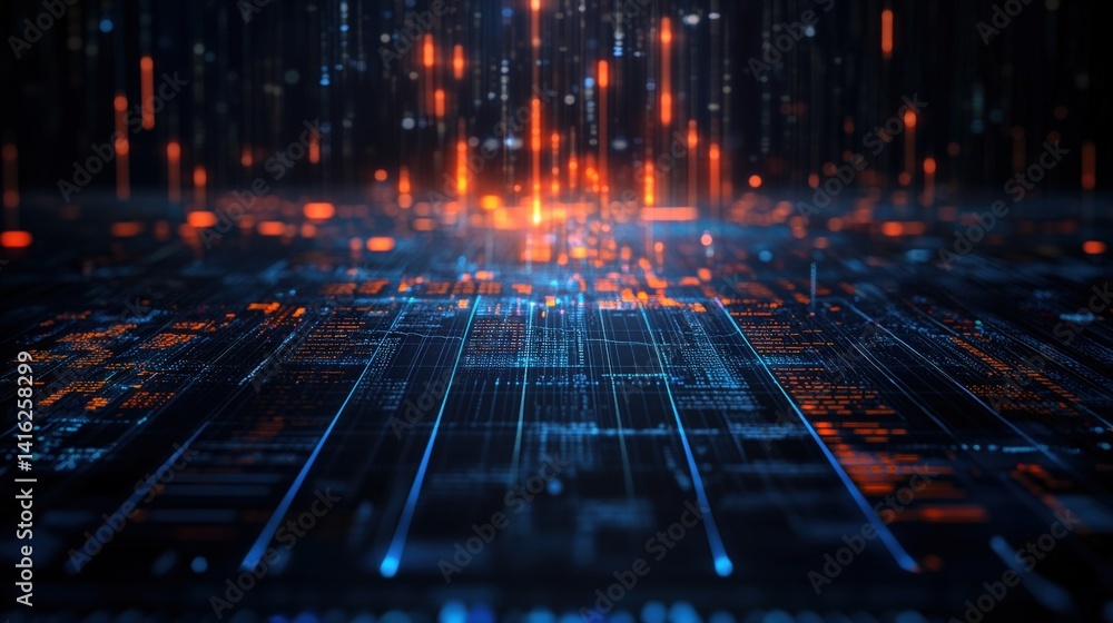 Poster abstract digital artwork of a futuristic cityscape featu glowing blue and orange circuit lines and d