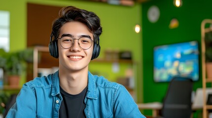 A smiling young man wearing glasses and headphones casually dressed in a blue shirt posing in a bright tech savvy workspace representing the creativity and enthusiasm of a game developer