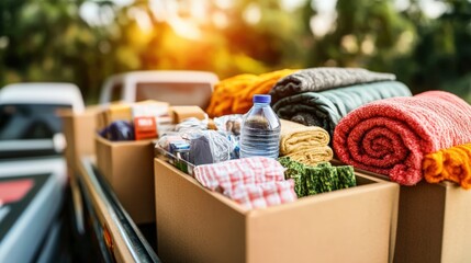 Humanitarian aid in cardboard boxes loaded into pickup truck, including blankets, bottled water, and essential supplies for disaster relief efforts