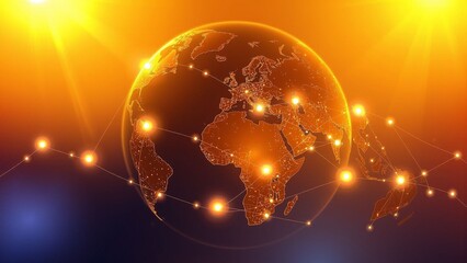 A world globe illuminated in orange and gold, featuring interconnected points resembling a global network or connection.