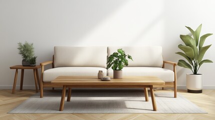 Fototapeta premium A serene minimalist living room featu a light beige sofa, wooden coffee tables, potted plants, and a cozy light grey rug on a wood floor decor